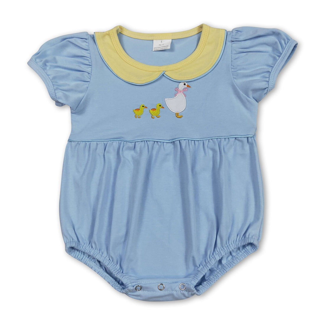 Light blue short-sleeve baby girl romper by Mini Rodeo featuring a goose print, perfect for summer wear.