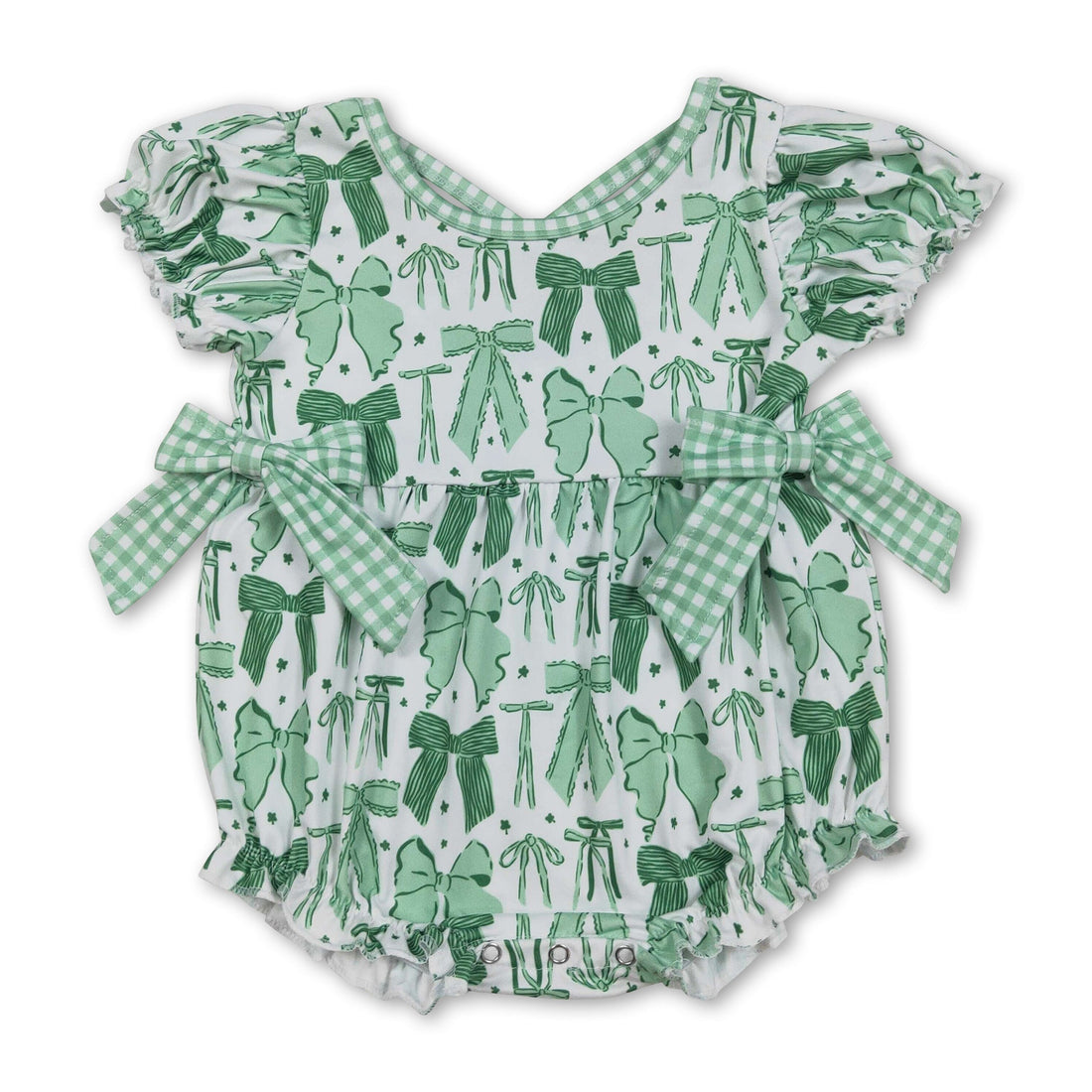 Green girl bubble romper with short sleeves and bow detail, perfect for St. Patrick&
