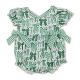Green girl bubble romper with short sleeves and bow detail, perfect for St. Patrick&