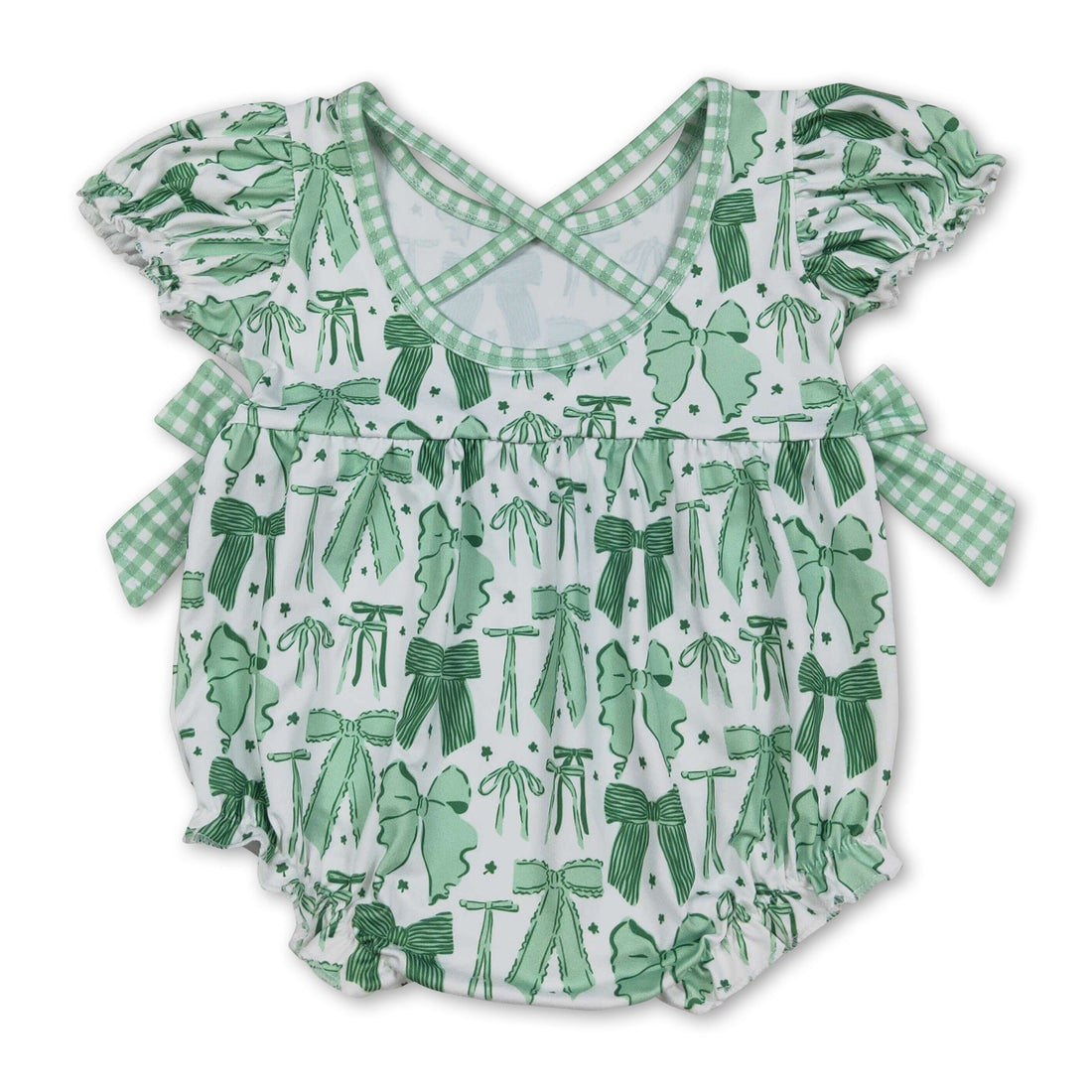 Green short-sleeve bow romper for girls, St. Patrick&