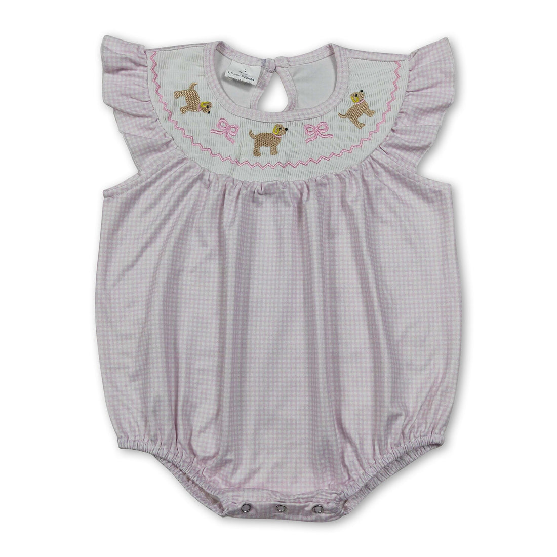 Pink plaid flutter sleeves dog bow smocked baby girl romper from Mini Rodeo, featuring a charming design and soft fabric.