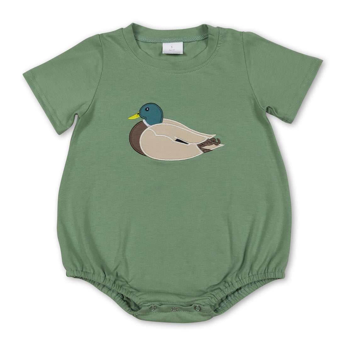 Green cotton duck embroidery baby boy romper with short sleeves, designed by Mini Rodeo, suitable for young boys.