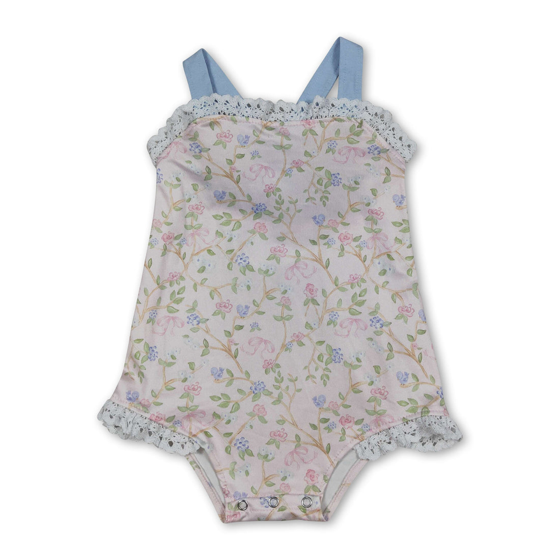 Mini Rodeo floral baby girl summer romper with lace straps, ruffle details, and colorful floral pattern in a bubble style.