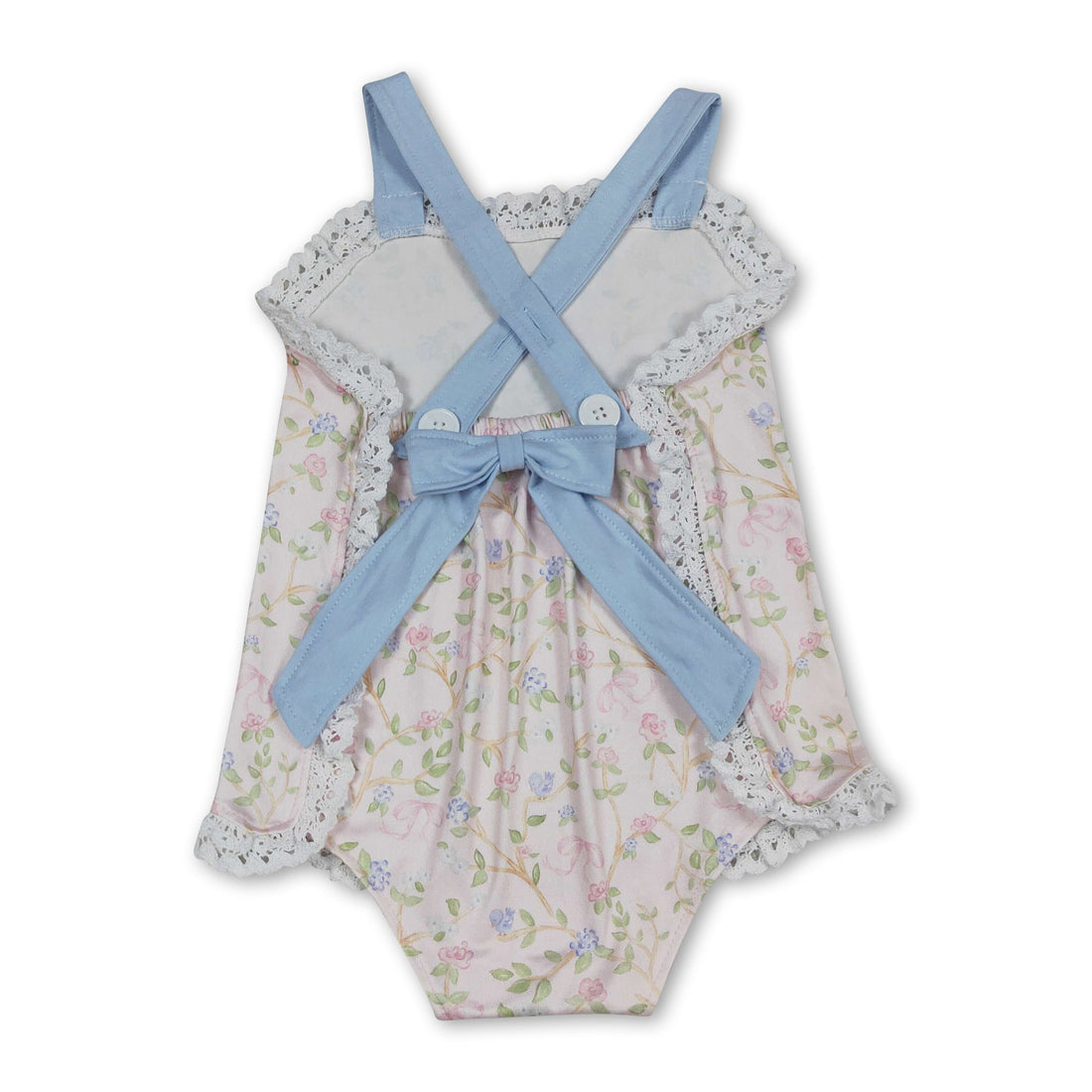 Baby girl summer romper with lace, ruffles, and floral pattern from Mini Rodeo, featuring straps and a bubble design.