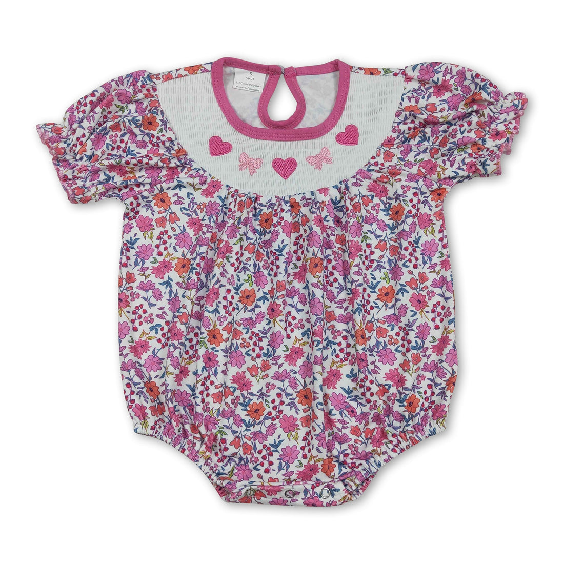 Mini Rodeo girl bubbles romper with heart bow and smocked floral design, perfect for Valentine&