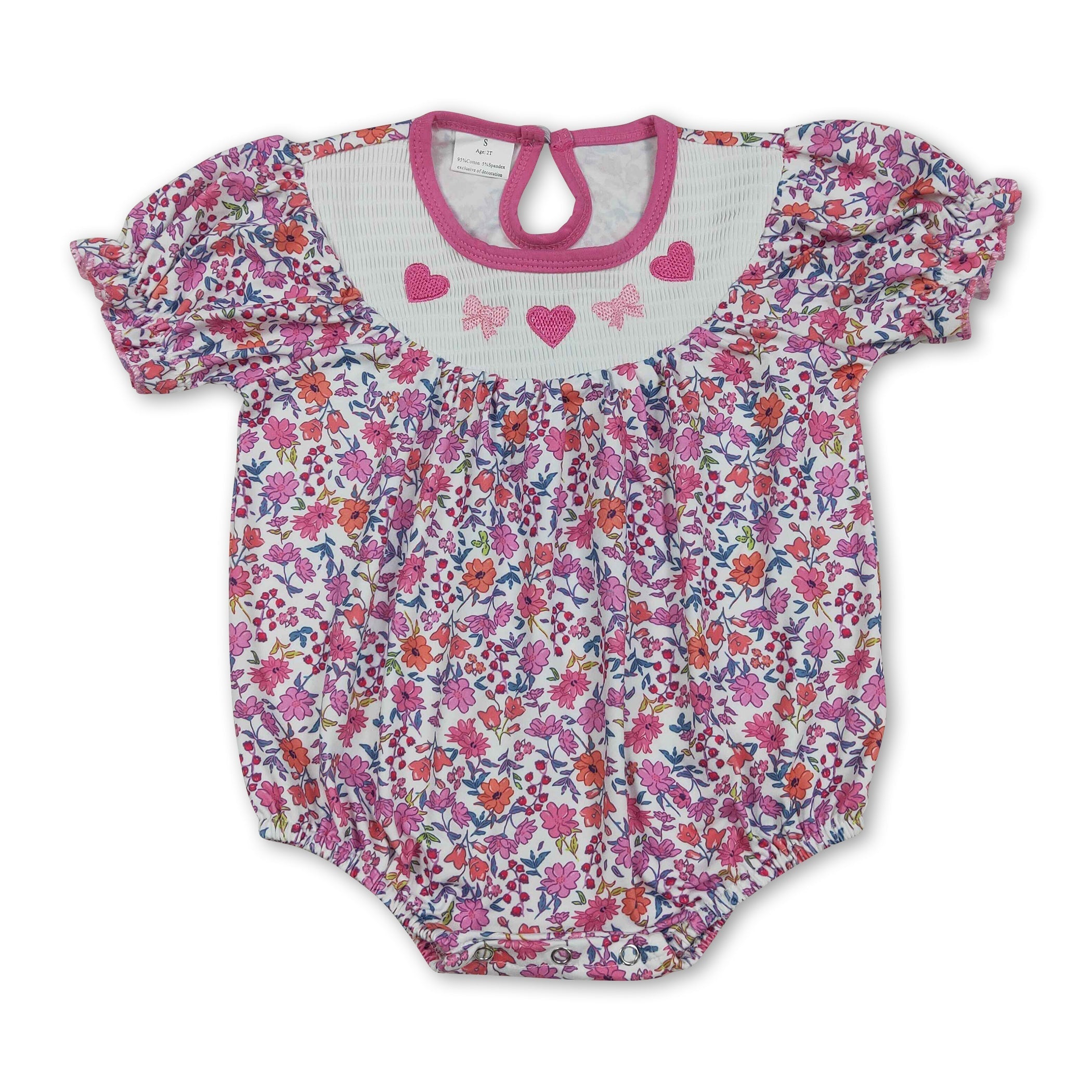 Heart bow smocked floral girls Valentine&