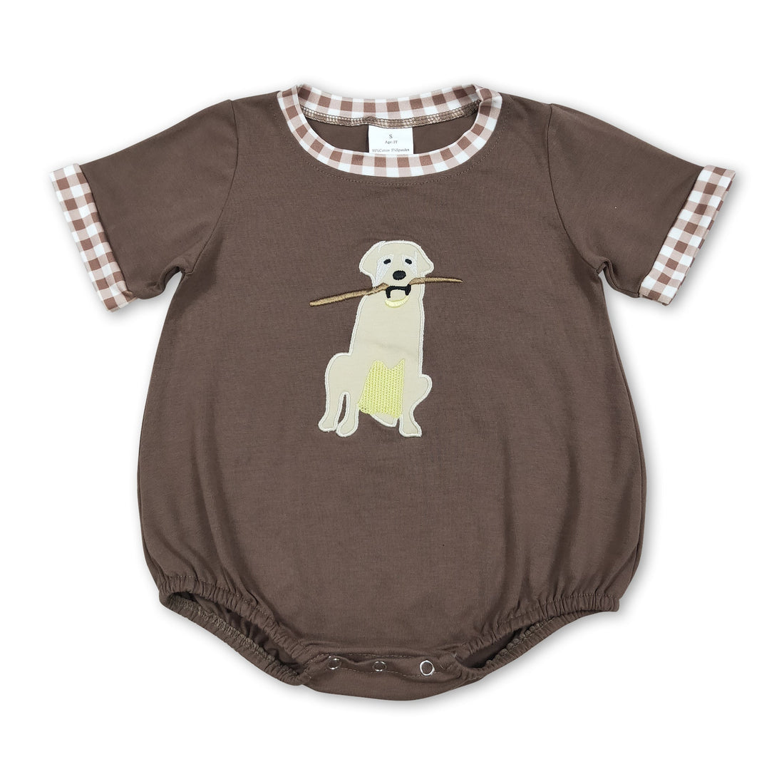 Brown boy romper with short sleeves and dog embroidery, perfect for kids&