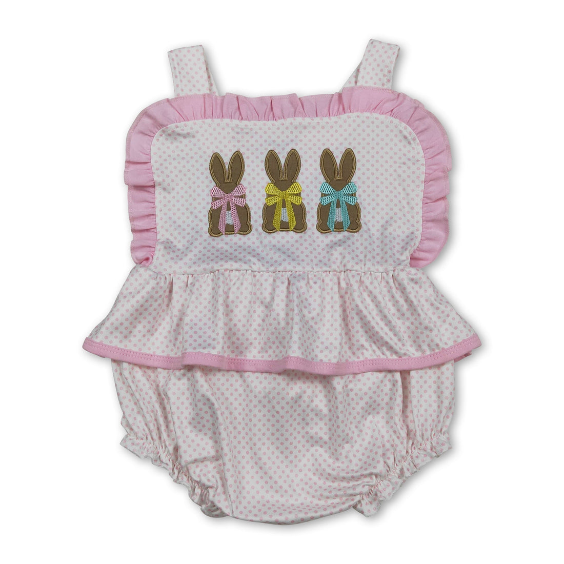 Polka dots bunny bow baby girls embroidery Easter romper