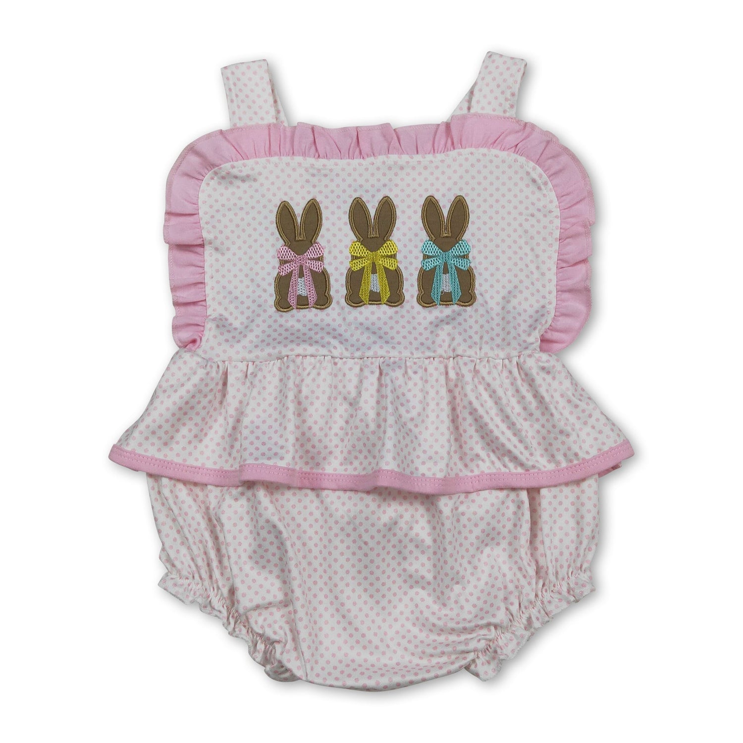 Polka dots bunny bow baby girls embroidery Easter romper