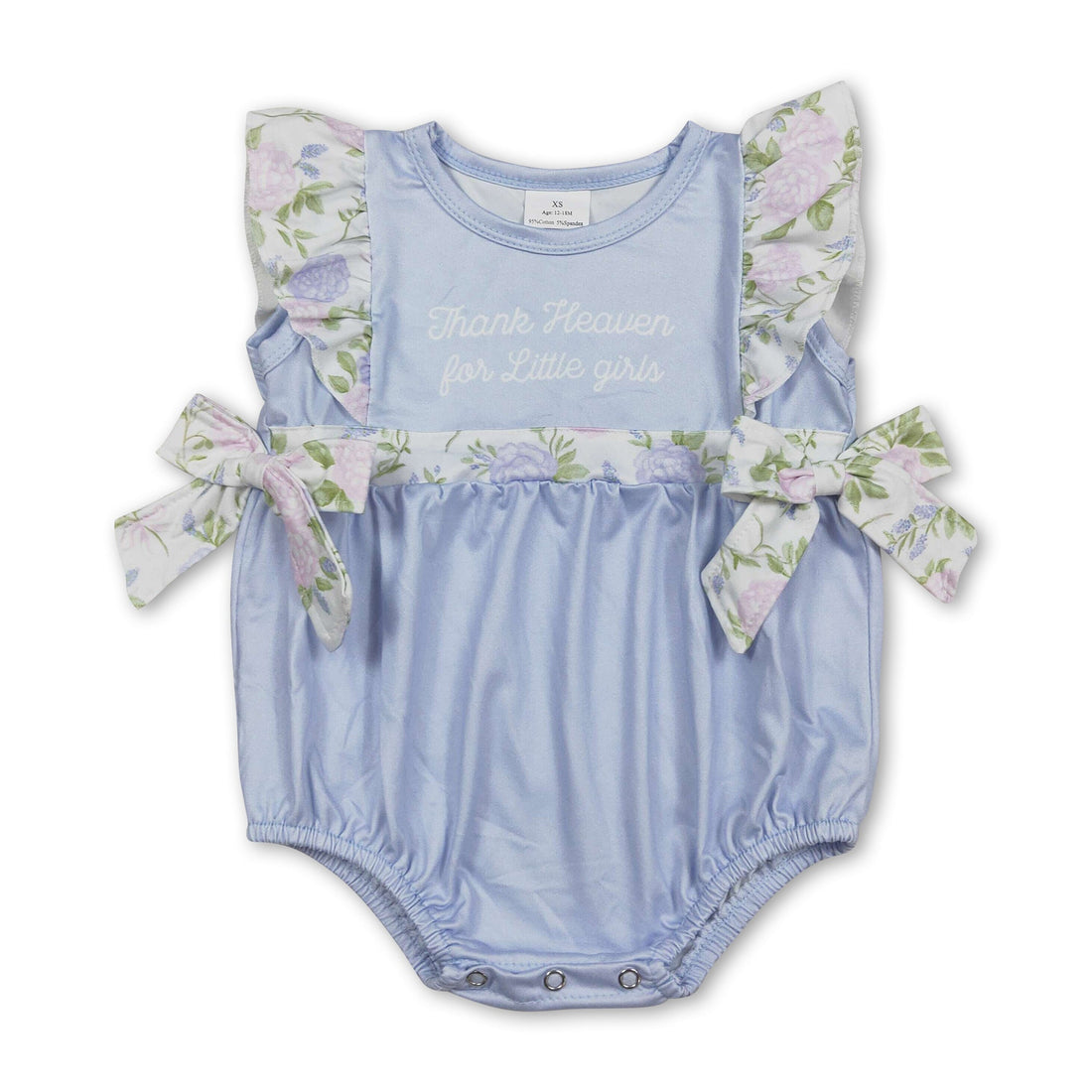 Mini Rodeo girl bubbles romper with floral bow design, featuring a cute baby girl wearing the Thank Heaven for Little Girls floral bow romper.