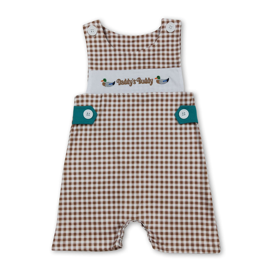 Baby boy romper by Mini Rodeo featuring sleeveless plaid design with a cute duck motif, perfect for casual wear.