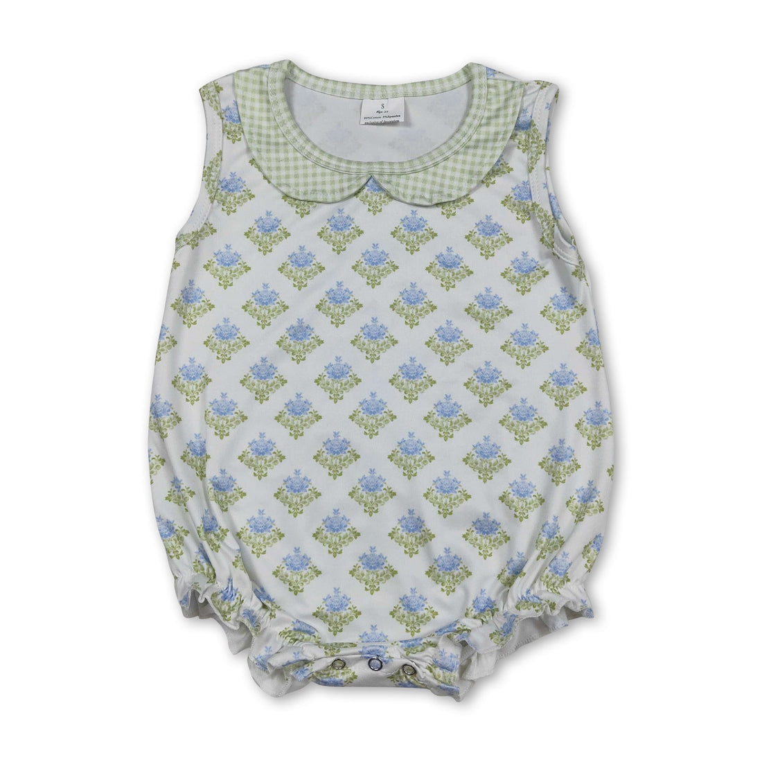 Sleeveless green light blue floral baby girls summer romper