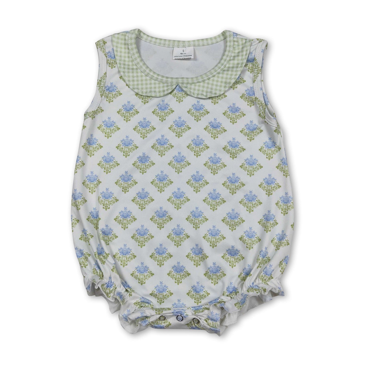 Sleeveless green light blue floral baby girls summer romper