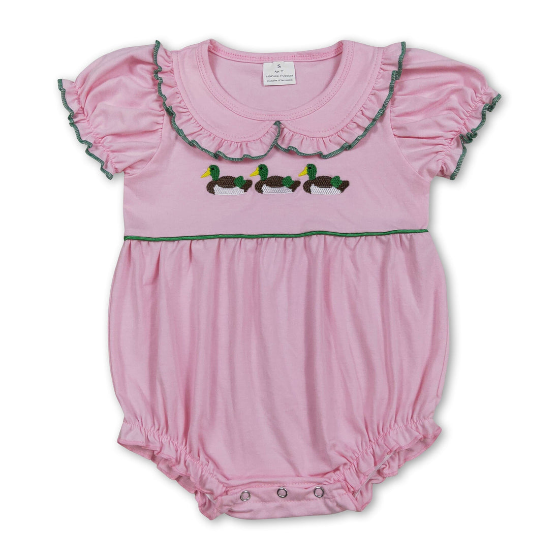 Pink short-sleeve baby girl romper with duck embroidery, Mini Rodeo Girl Bubbles style, suitable for infants and toddlers.