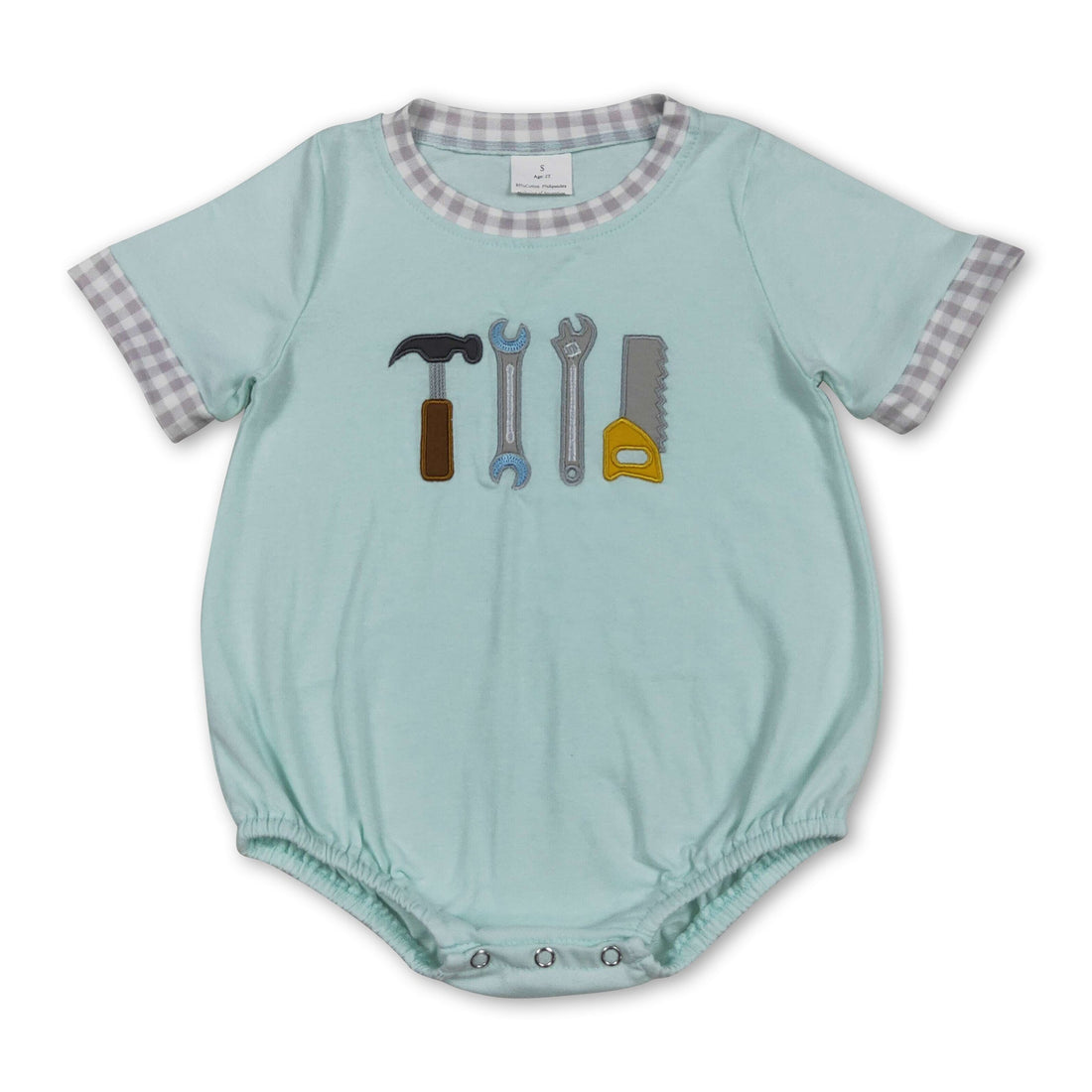 Mini Rodeo plaid short-sleeve baby boy romper with tools print, featuring a comfortable and stylish design for little boys.