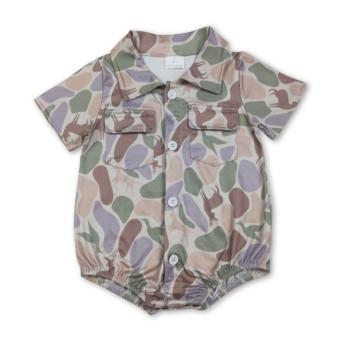 Mini Rodeo boy bubble romper with short sleeves, duck camo pattern, perfect for baby boys, styled as a polo shirt.
