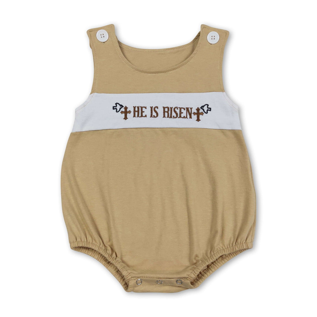 Mini Rodeo sleeveless baby boy Easter romper with "He is Risen" cross design, perfect for Easter or spring celebrations.
