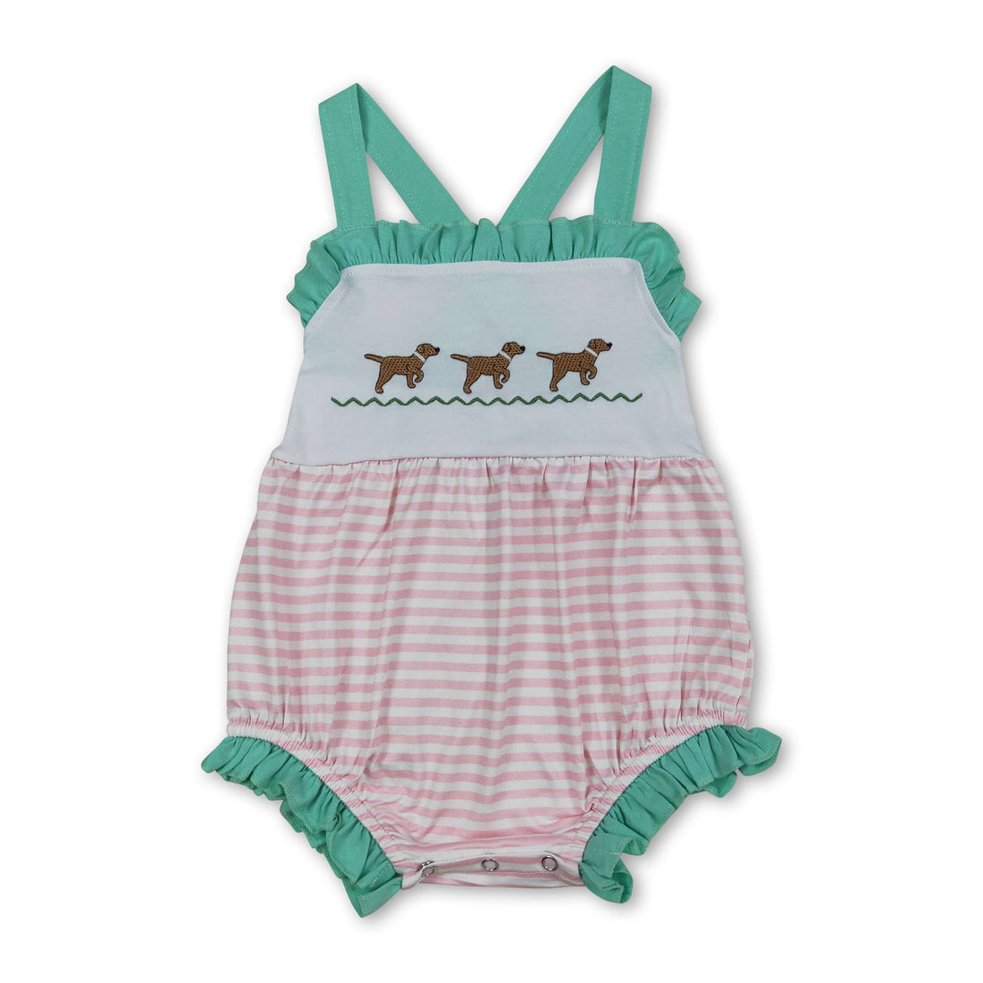 Mini Rodeo girl romper with ruffle straps and striped pattern, perfect for summer baby girls&