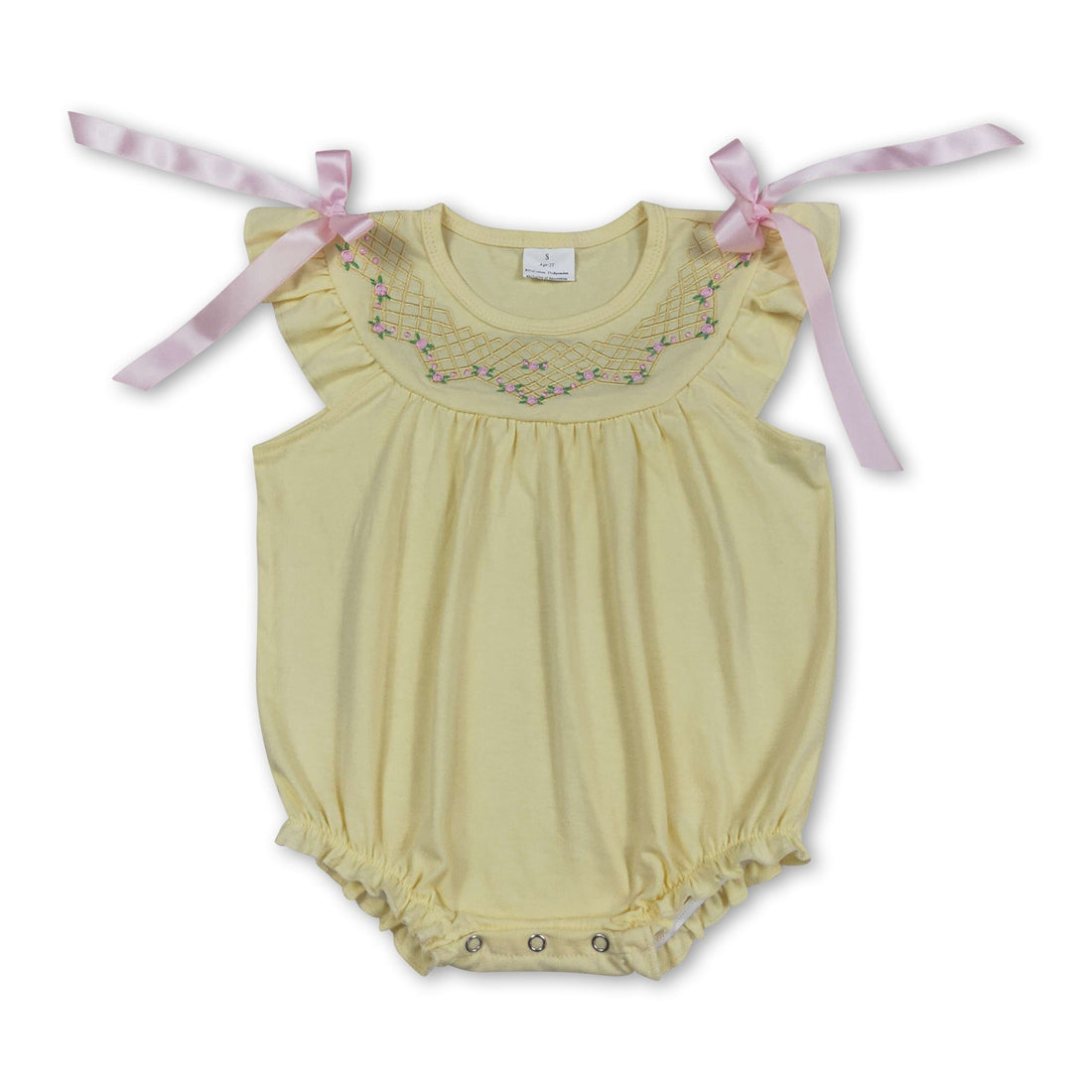 Yellow floral embroidery baby girl romper with flutter sleeves, Mini Rodeo girl&