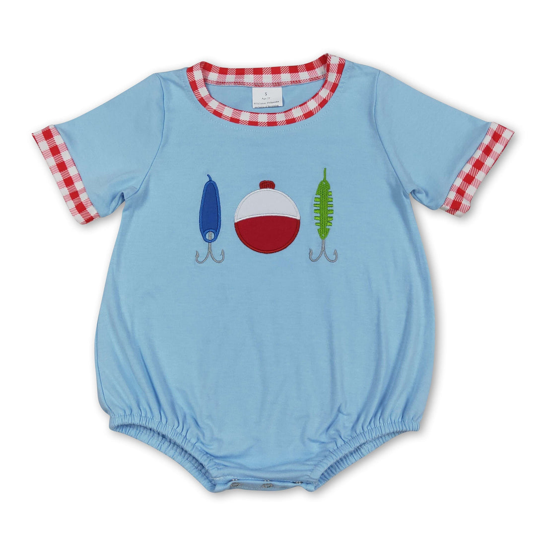 Baby boy romper with short sleeves featuring fishing lure embroidery, from Mini Rodeo Boy Bubbles collection.