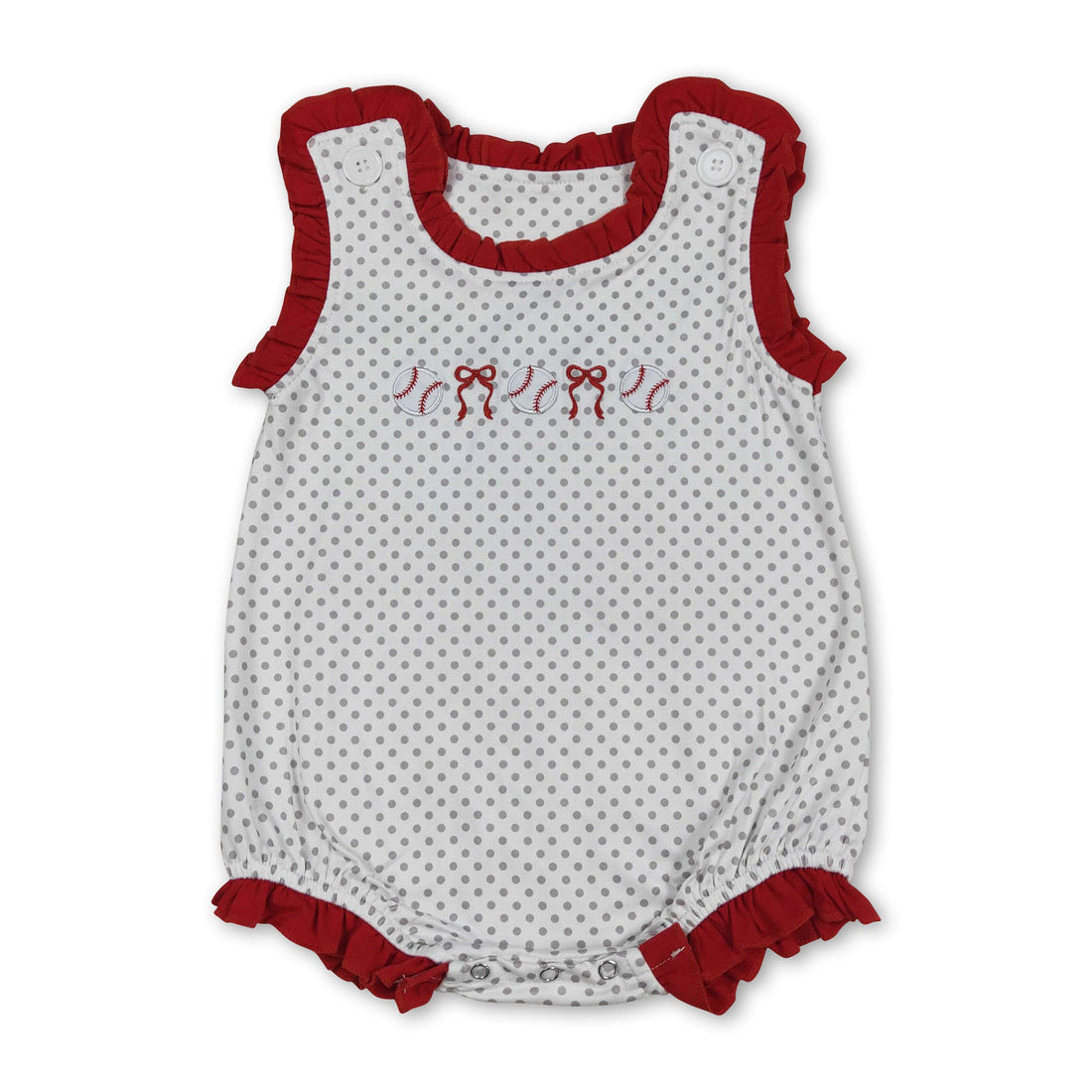 Baby girl romper with polka dot baseball bow embroidery, short sleeves, and bubble design by Mini Rodeo.
