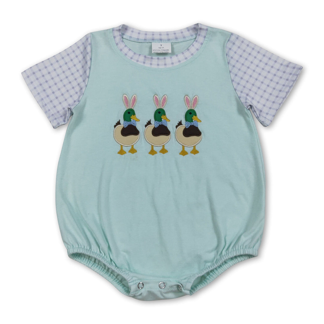 Mini Rodeo baby boy Easter romper with short sleeves featuring a cute duck and bunny design, perfect for Easter celebrations.