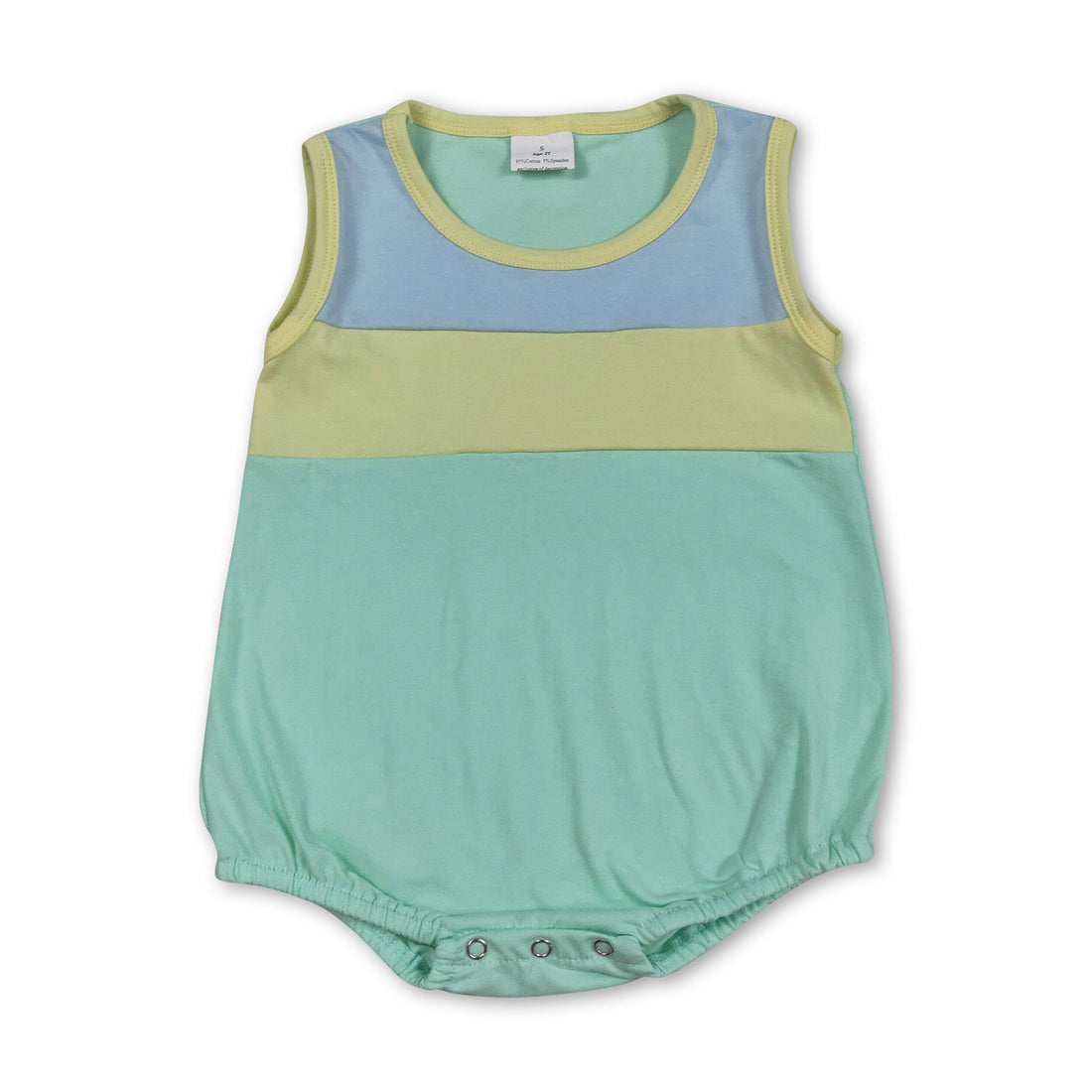 Mini Rodeo sleeveless cotton patchwork baby boy romper with colorful summer bubble design, perfect for warm weather.