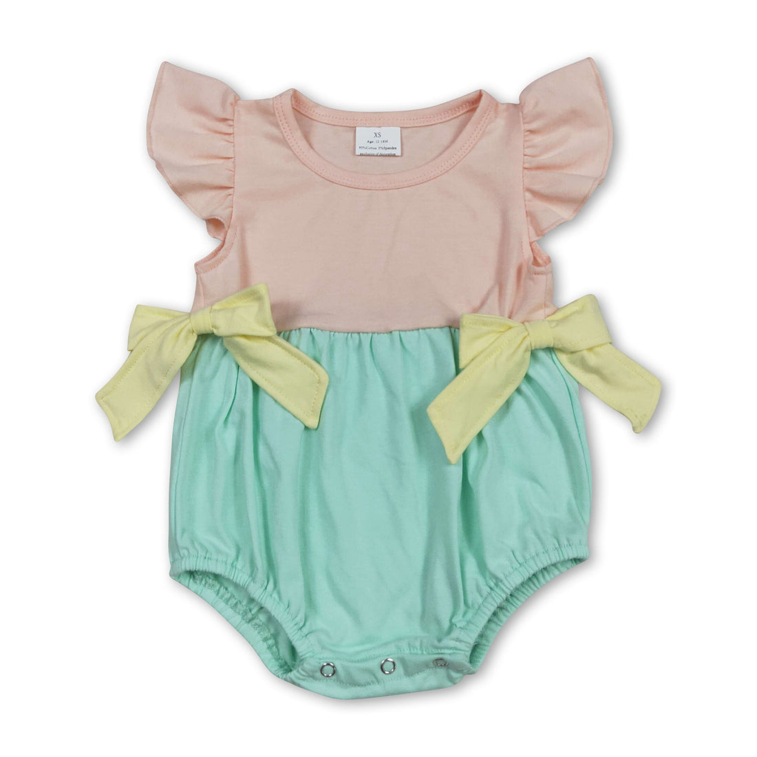 Cotton patchwork baby girl summer romper with flutter sleeves, made by Mini Rodeo, featuring a playful bubble design and soft fabric.