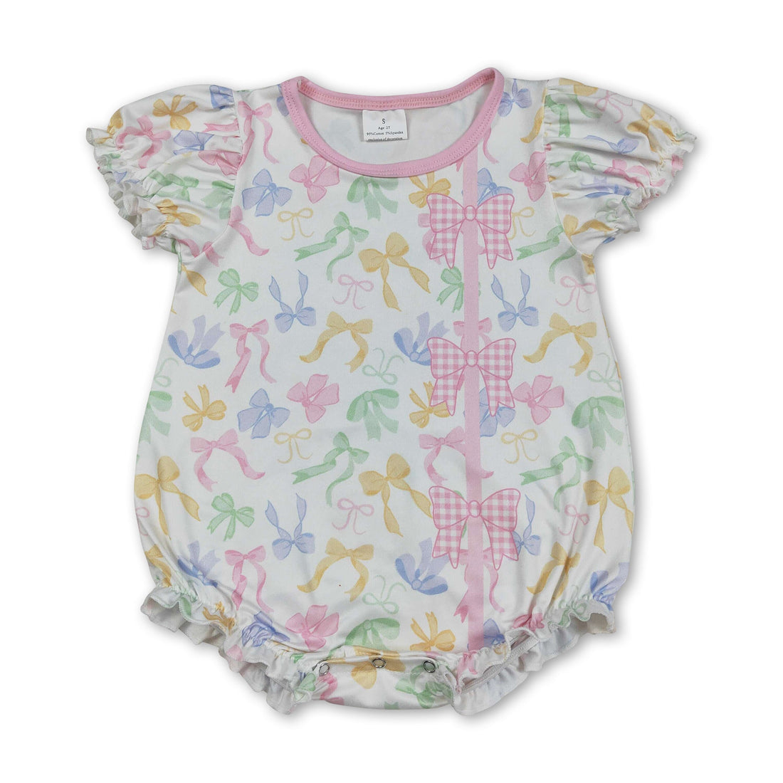 Colorful bows baby girl summer romper with short sleeves from Mini Rodeo, featuring a playful bubble design for warm weather.