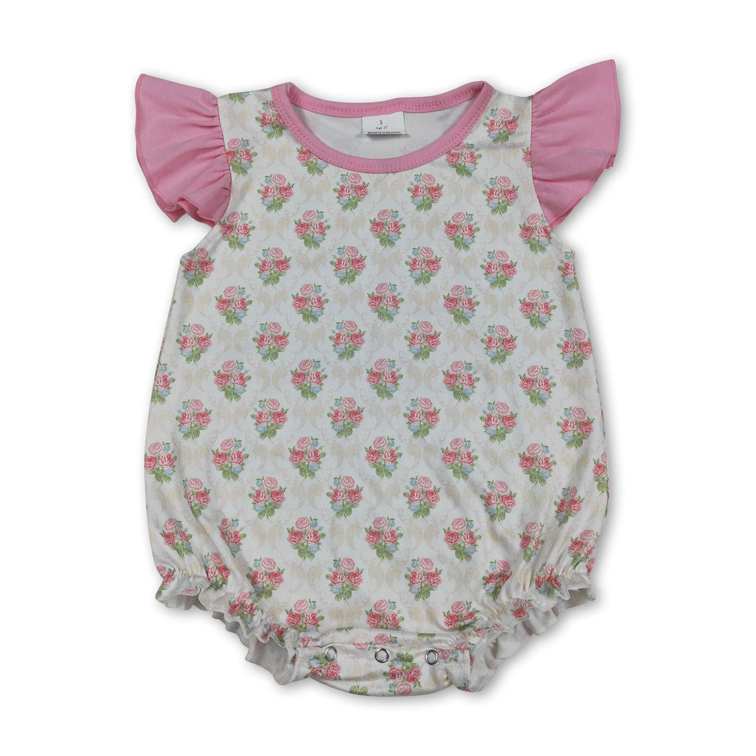 Pink floral baby girl romper with flutter sleeves, summer style from Mini Rodeo Girl Bubbles collection, shown on a child.