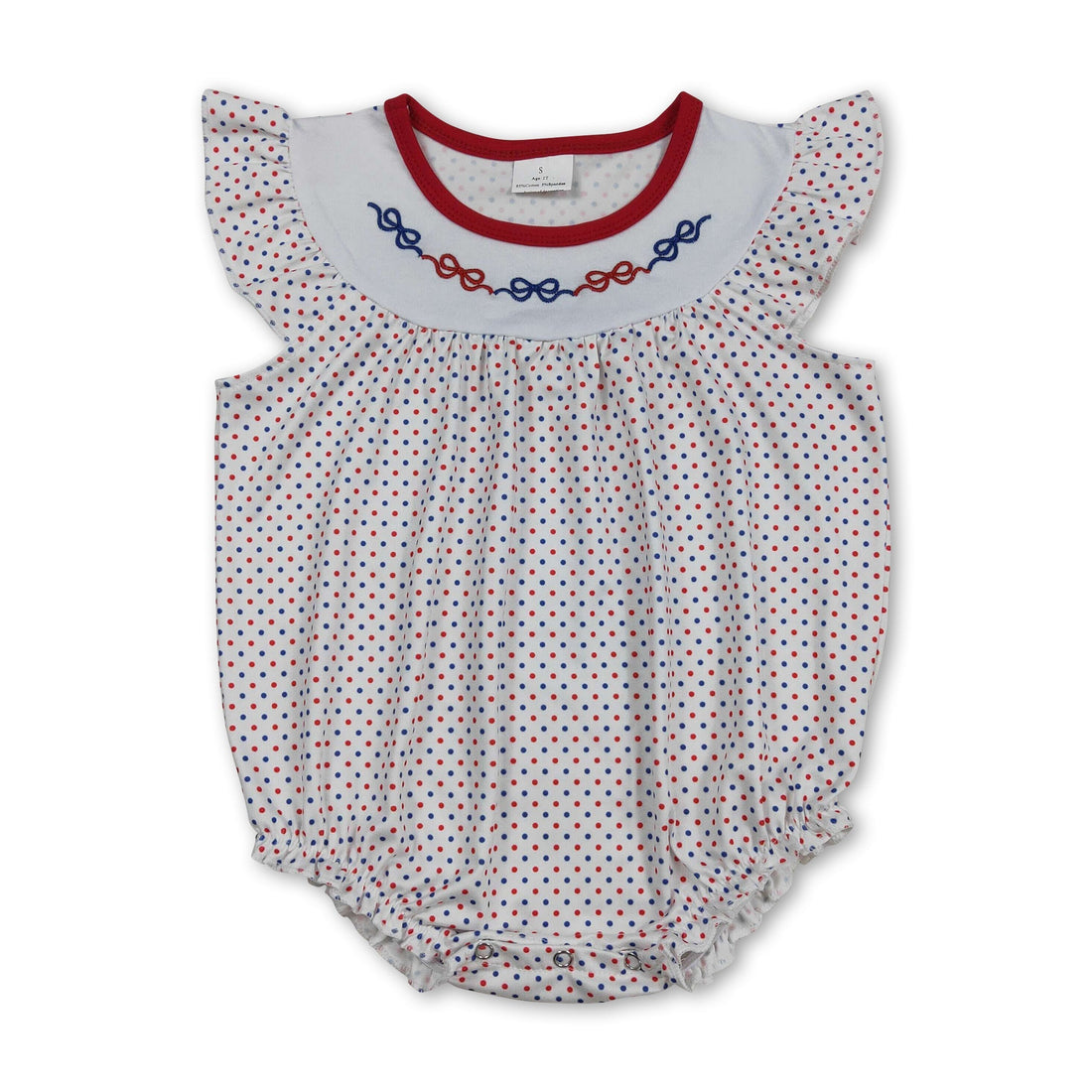 Red and blue polka dot girl romper with bow embroidery, perfect for 4th of July celebrations, by Mini Rodeo Girl Bubbles.