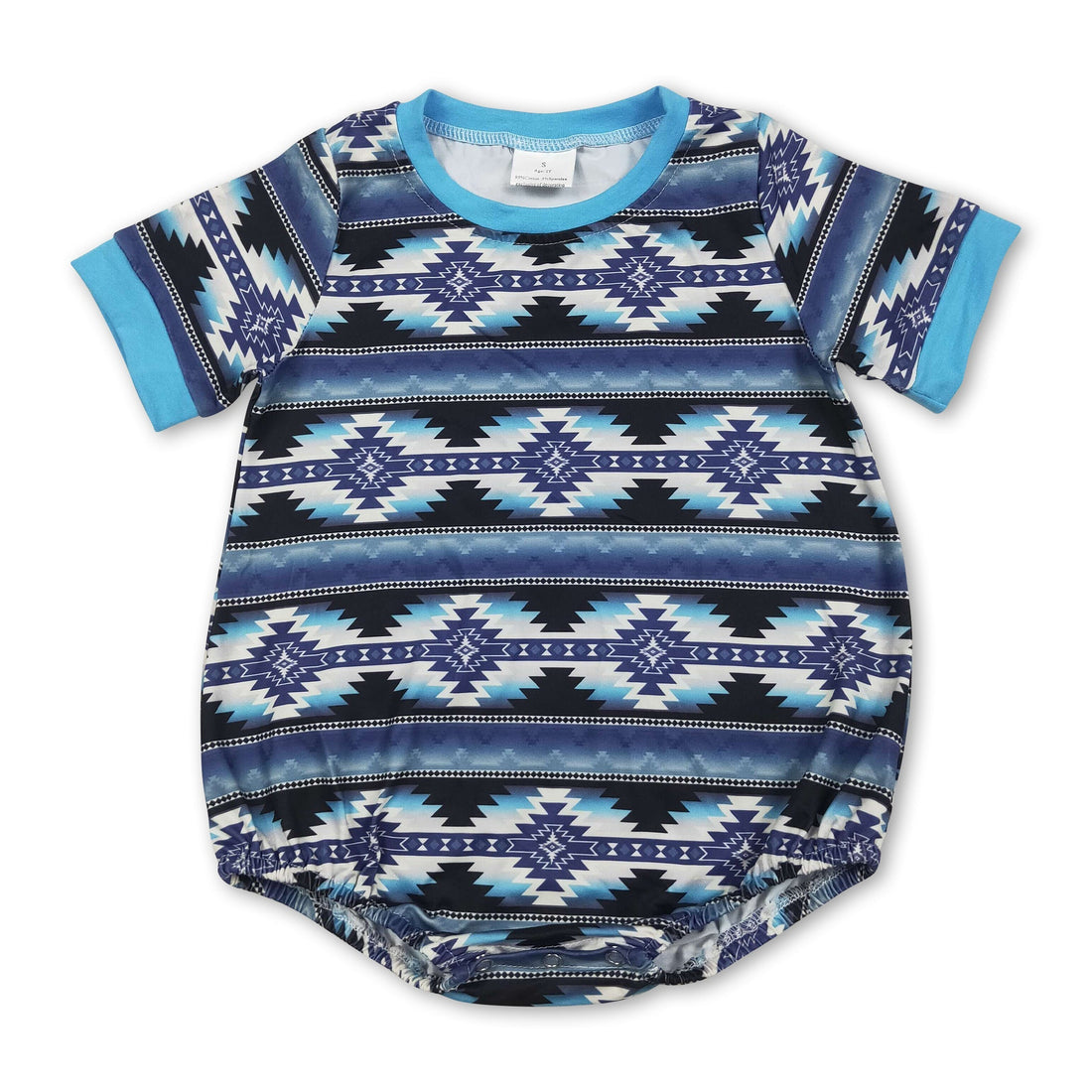 Baby boy in a blue and black Aztec print short-sleeve western romper by Mini Rodeo, featuring a comfortable bubble design.