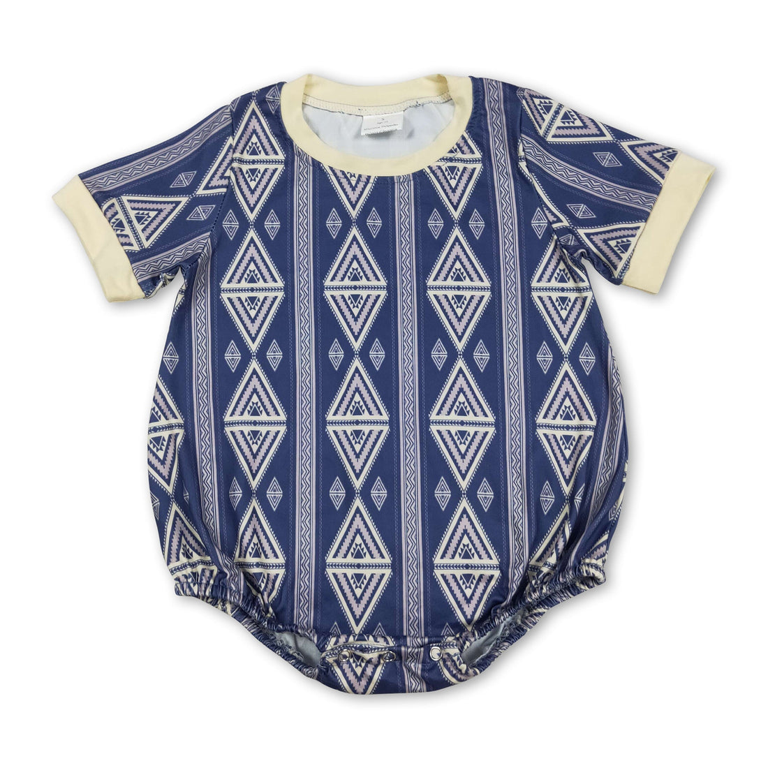 Blue Aztec baby boy Western romper with short sleeves by Mini Rodeo, featuring a playful Western-inspired design.