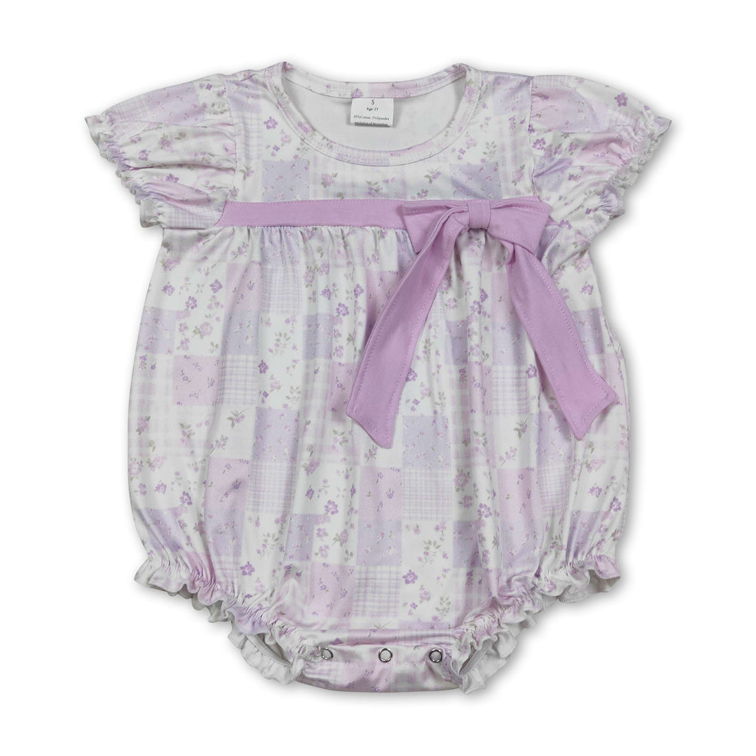 Mini Rodeo girl bubbles romper with short sleeves, bow detail, floral plaid pattern, perfect for summer baby girls.
