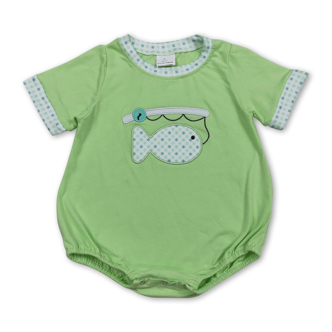 Mini Rodeo boy bubble romper with short sleeves and fishing embroidery, perfect for summer baby boy wear.