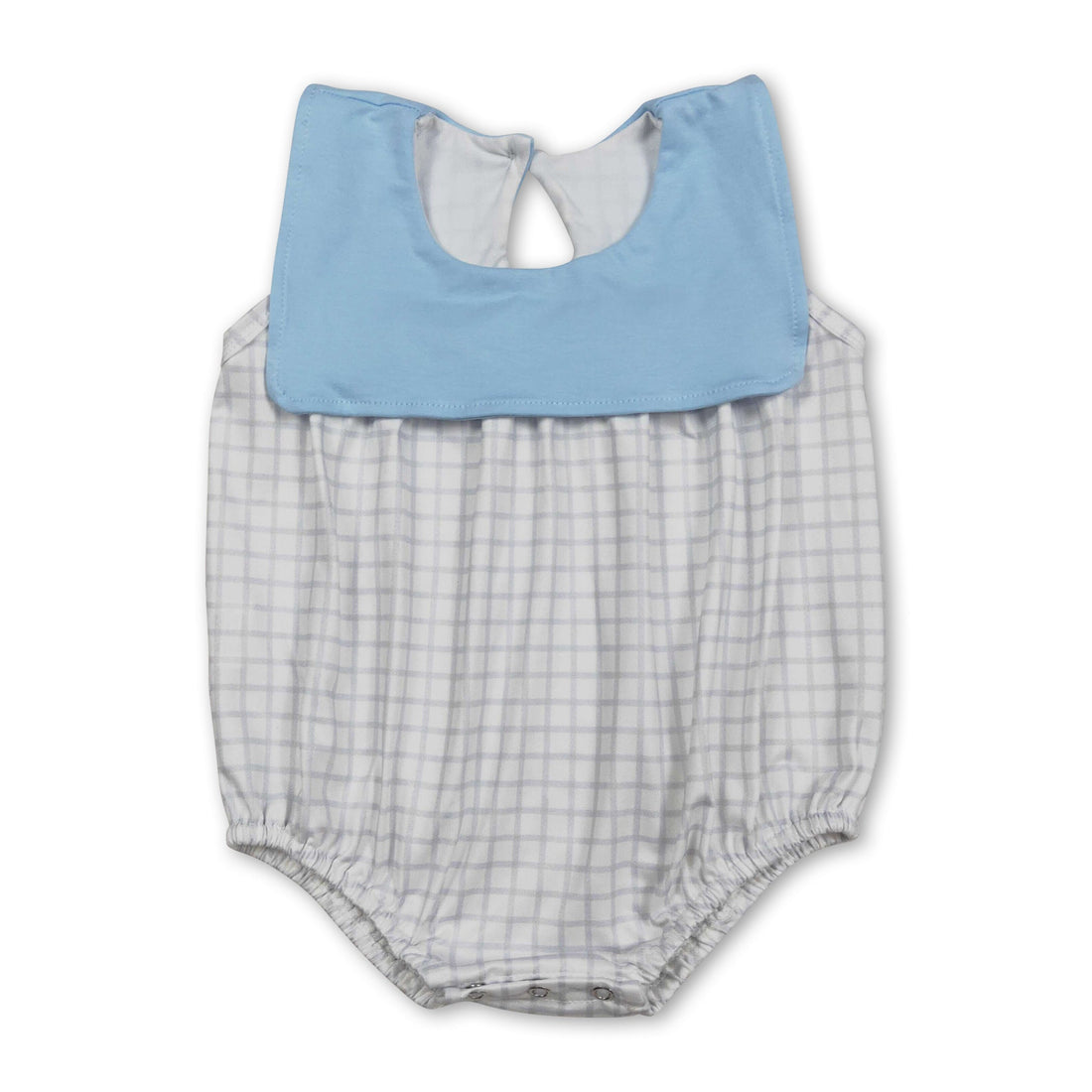 Light blue sleeveless plaid baby boy romper by Mini Rodeo, featuring a summer boy bubbles design and comfortable fit.