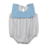 Light blue sleeveless plaid baby boy romper by Mini Rodeo, featuring a summer boy bubbles design and comfortable fit.