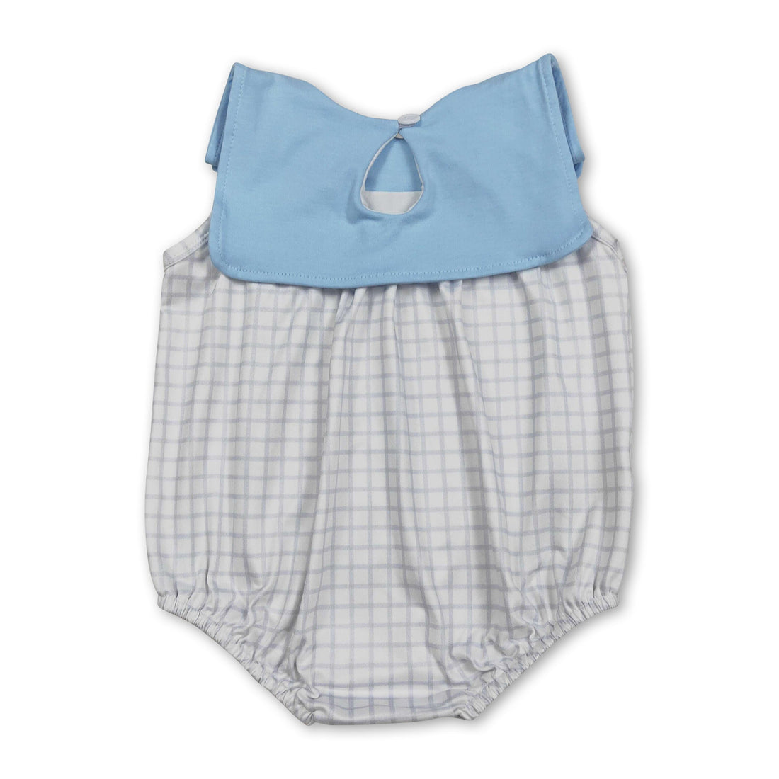 Light blue sleeveless plaid baby boy summer romper from Mini Rodeo, featuring a sleeveless design and playful plaid pattern.