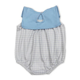 Light blue sleeveless plaid baby boy summer romper from Mini Rodeo, featuring a sleeveless design and playful plaid pattern.