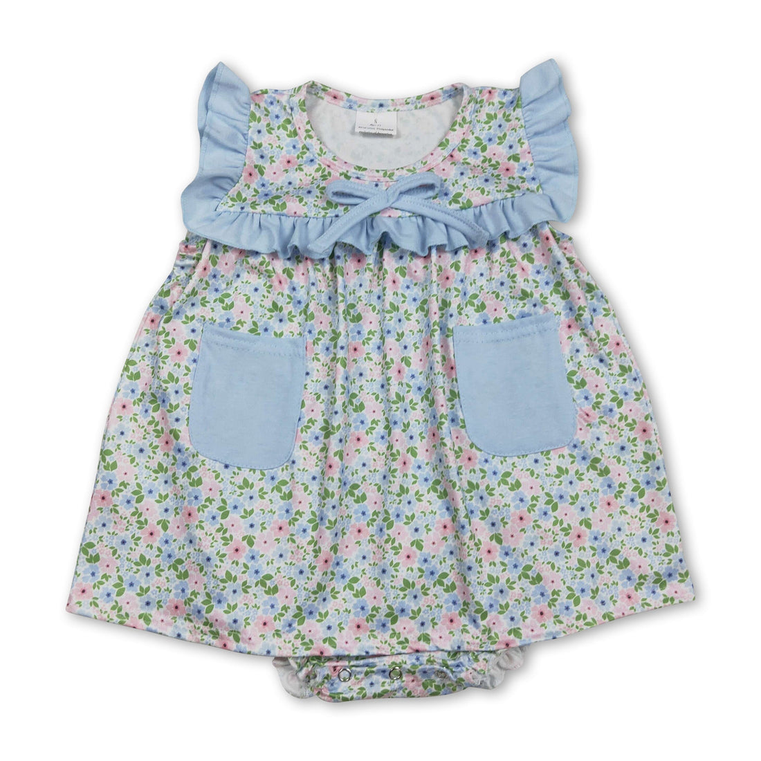 Light blue ruffle floral pockets baby girl romper from Mini Rodeo, featuring cute ruffles and floral details.