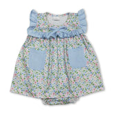 Light blue ruffle floral pockets baby girl romper from Mini Rodeo, featuring cute ruffles and floral details.