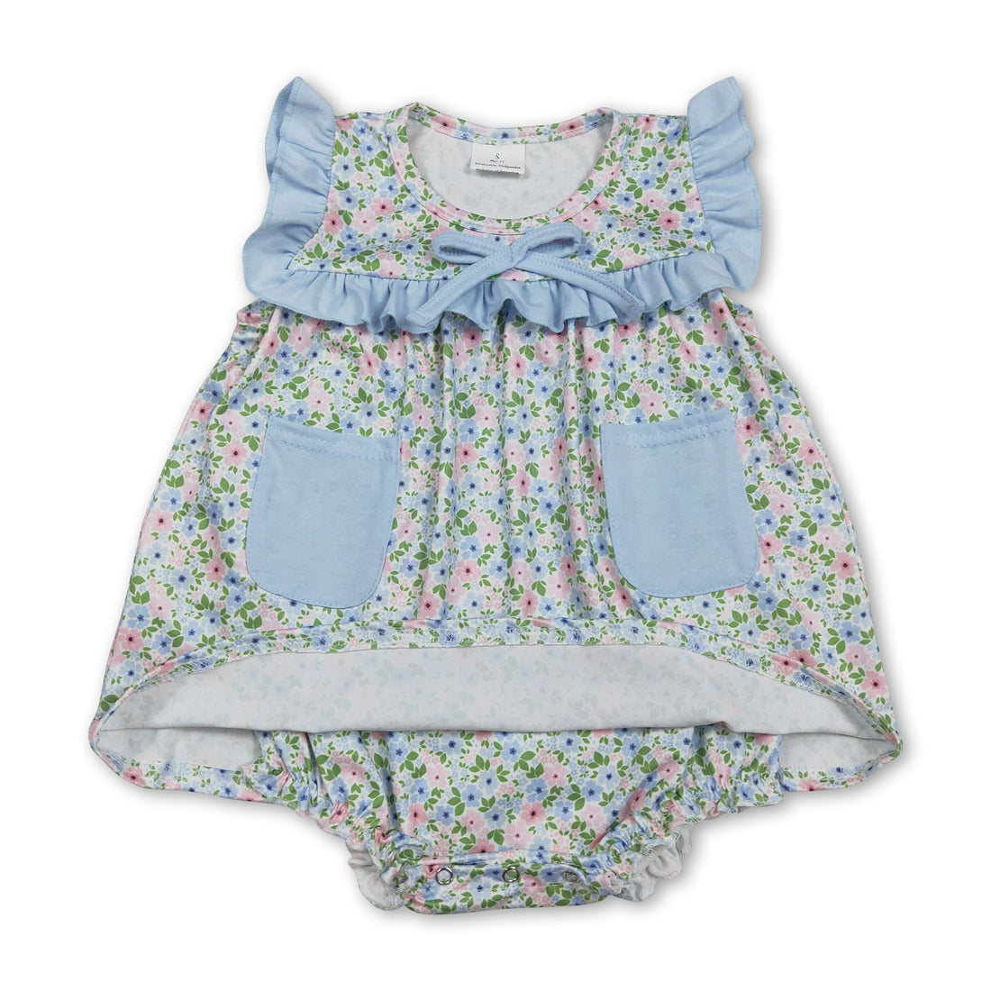 Light blue ruffle floral girl romper with pockets from Mini Rodeo, featuring a cute girl bubbles style for baby girls.
