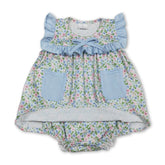 Light blue ruffle floral girl romper with pockets from Mini Rodeo, featuring a cute girl bubbles style for baby girls.