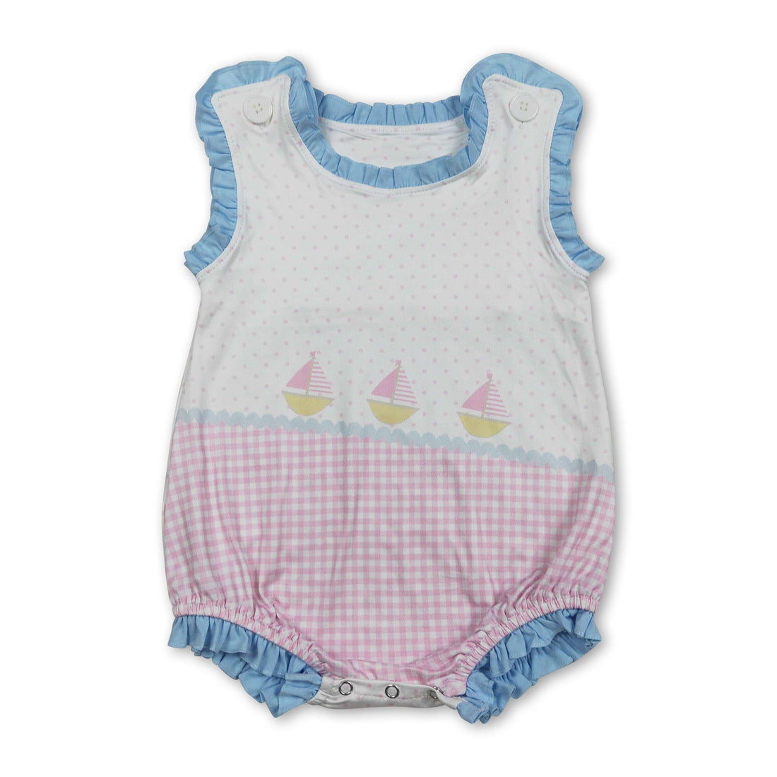 Baby girl romper featuring sleeveless polka dots and plaid pattern, by Mini Rodeo, with a boat neckline and bubble style.