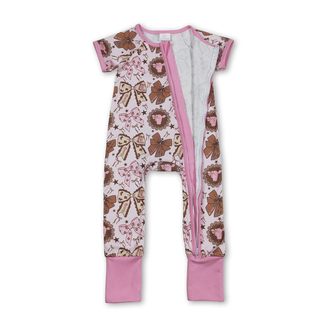 Pink short sleeves bow cow baby girls zipper romper
