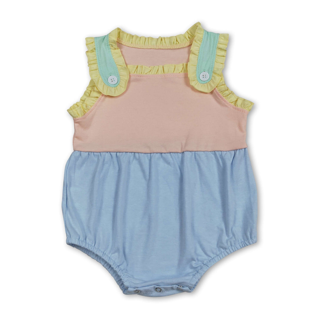 Mini Rodeo sleeveless cotton patchwork baby girls summer romper with ruffles, perfect for warm weather and playful outings.
