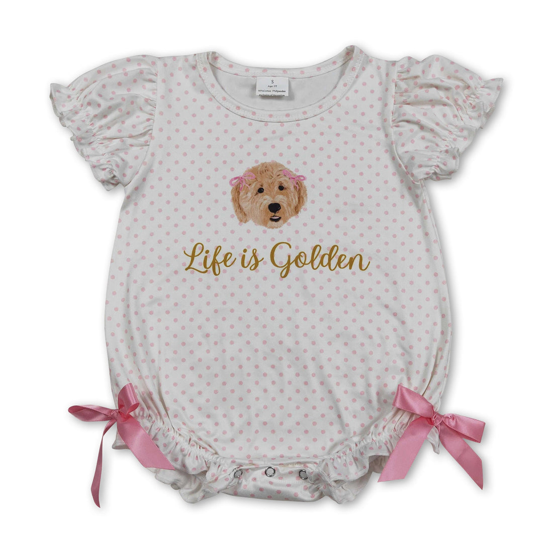 Mini Rodeo girl bubbles romper with polka dots and a "Life is Golden" dog bow design, perfect for baby girls.