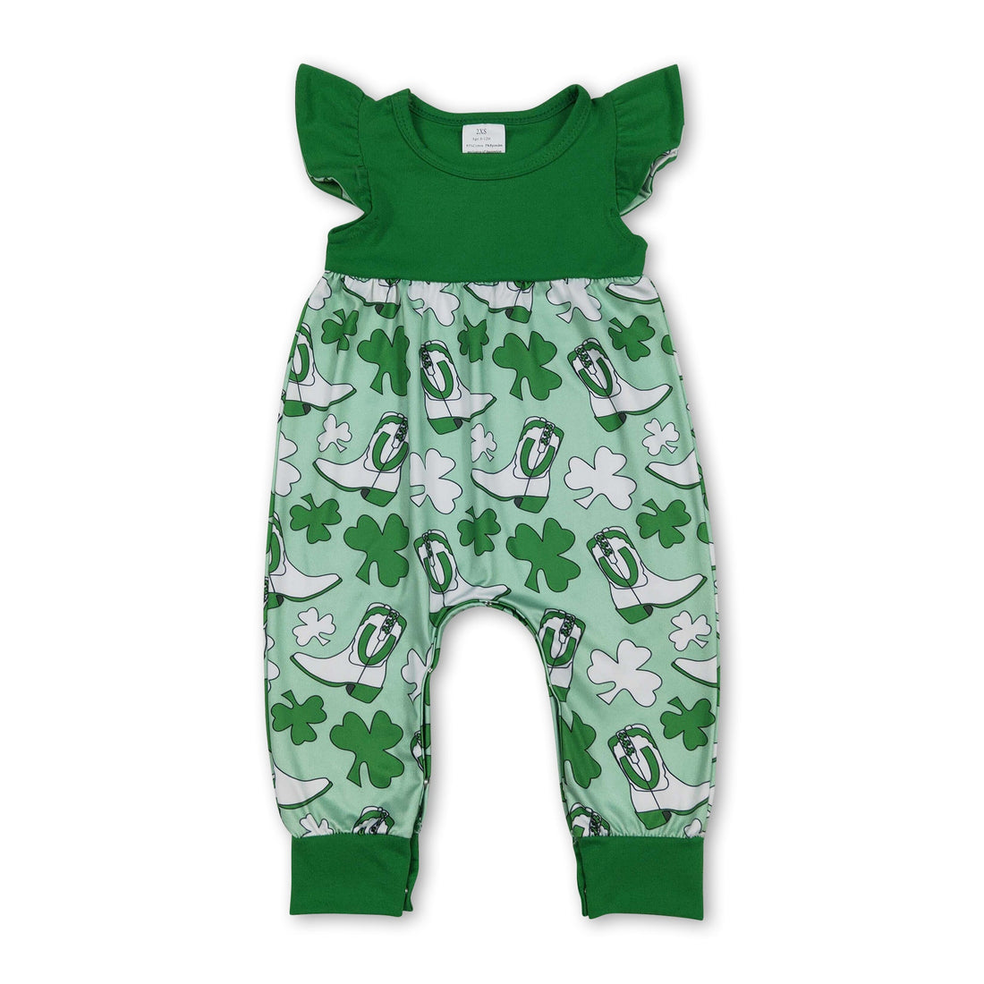 Baby girl romper with green flutter sleeves and clover pattern by Mini Rodeo, perfect for St. Patrick&