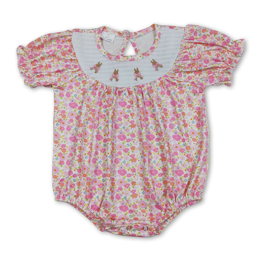 Pink floral rabbit smocked baby girl romper with short sleeves, perfect for Easter, from Mini Rodeo Girl Bubbles collection.