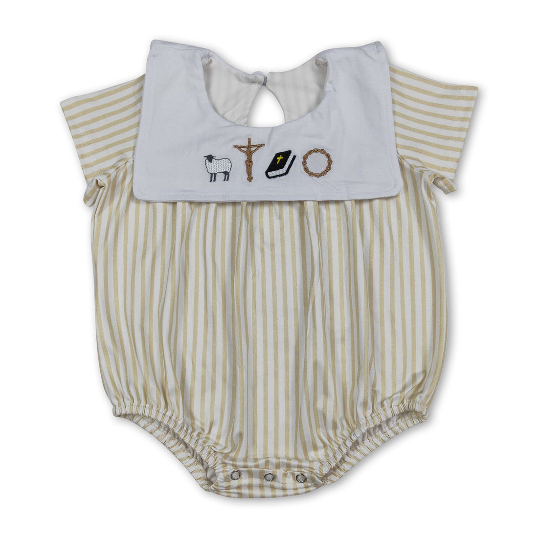 Baby boy Easter romper with short sleeves, stripe pattern, and cross embroidery by Mini Rodeo, featuring a cute bubble design.